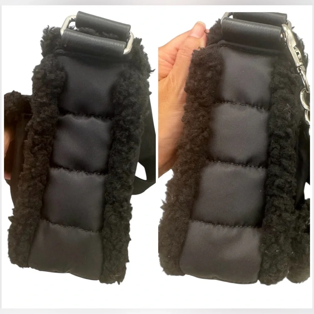 Aspen Quilted Nylon Black Faux Shearling Sherpa Crossbody Bag with Pouch Wallet